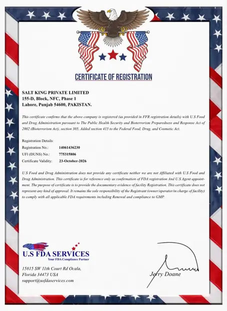 US FDA facility registration certificate for Salt King Private Limited