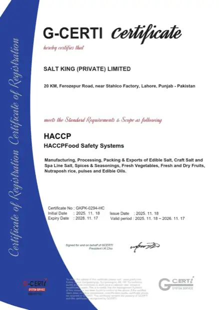 HACCP food safety systems certificate for Salt King Private Limited